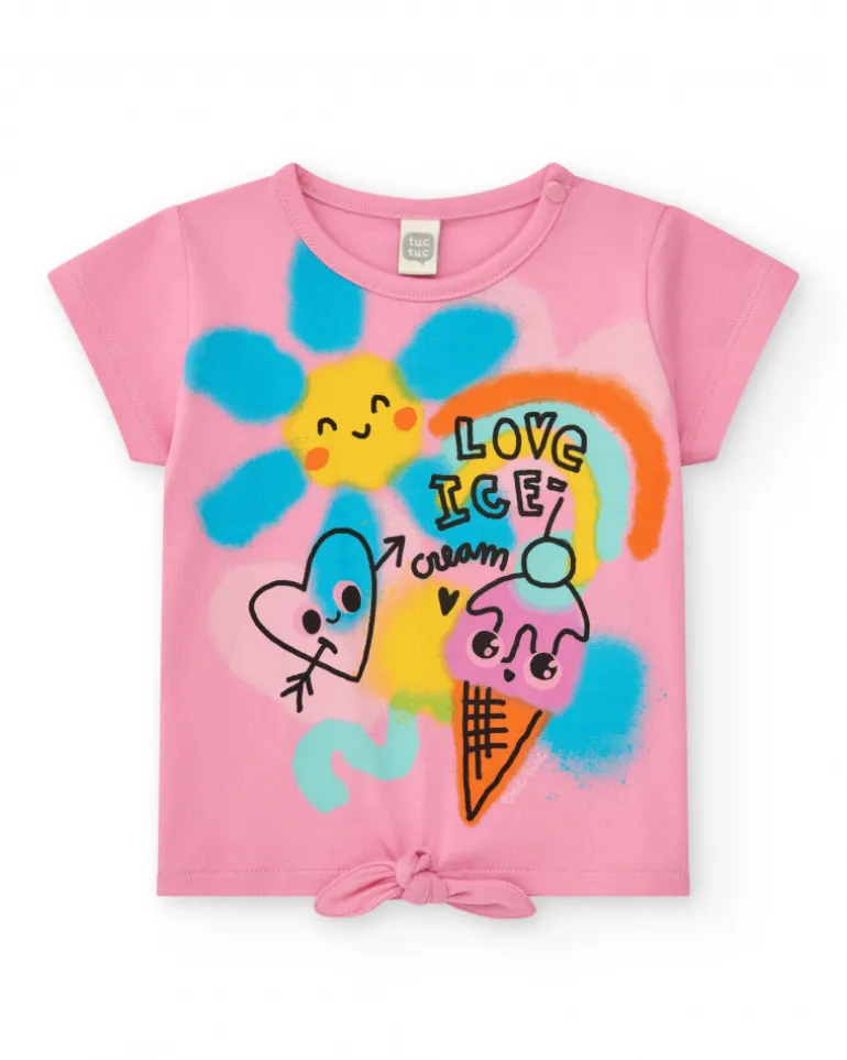 Ensemble pour fille avec t-shirt rose de glace et leggings courts multicolores