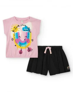 Ensemble pour fille avec blouse rose et short noir plissé