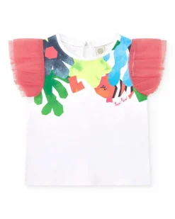 Ensemble pour fille avec t-shirt blanc à manches en tulle et legging rose avec jupe en tulle