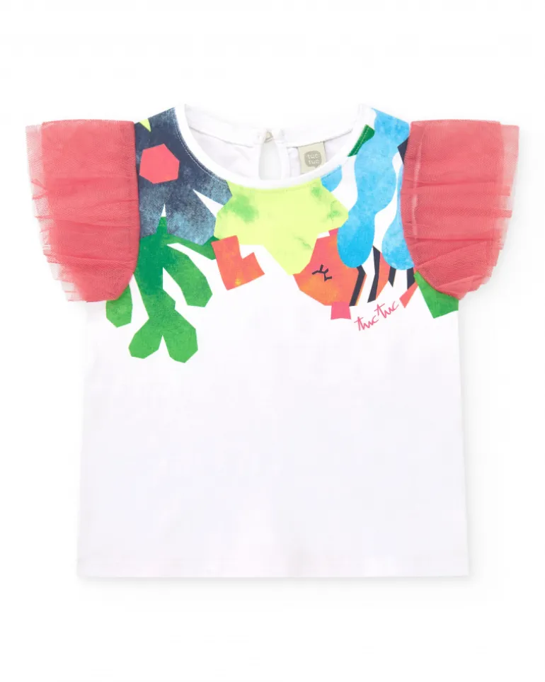 Ensemble pour fille avec t-shirt blanc à manches en tulle et legging rose avec jupe en tulle