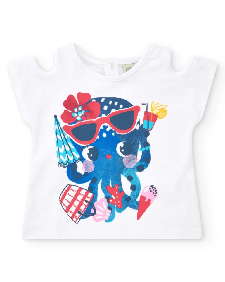 Ensemble pour fille avec t-shirt de pieuvre et short bleu avec nœud rouge
