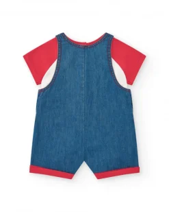 Ensemble pour fille avec salopette en jean brodée de baleine et t-shirt rouge