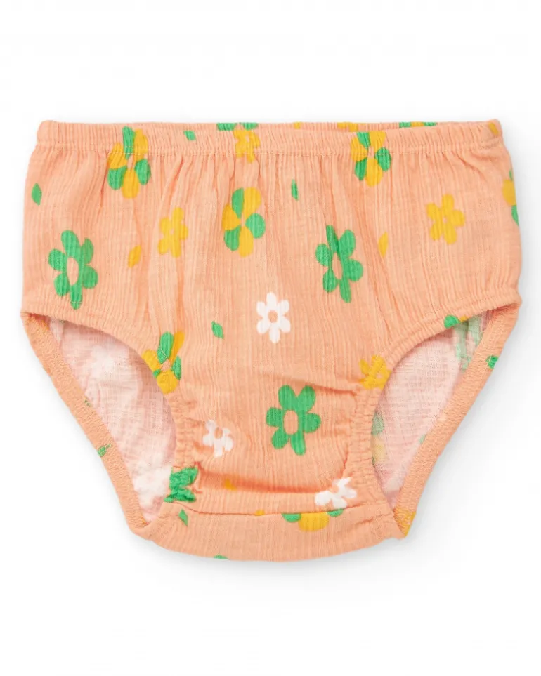 Ensemble pour fille avec blouse saumon et culotte jaune avec broderies