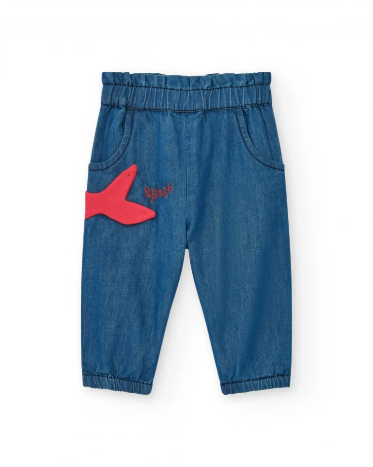 Ensemble pour fille avec t-shirt rouge de baleine et pantalon en denim avec broderie