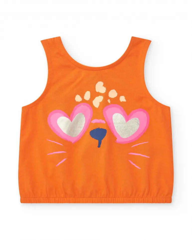 Ensemble pour fille avec t-shirt orange d’animal et short rose tacheté