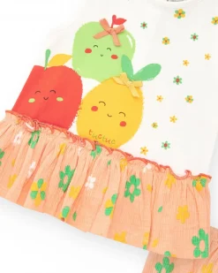 Ensemble pour fille avec blouse saumon et culotte jaune avec broderies