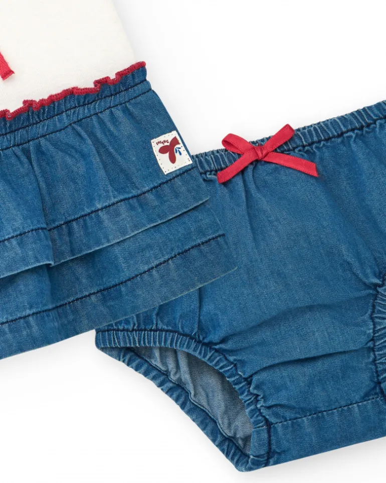 Ensemble pour fille avec t-shirt blanc de méduse et jupe en denim à volants