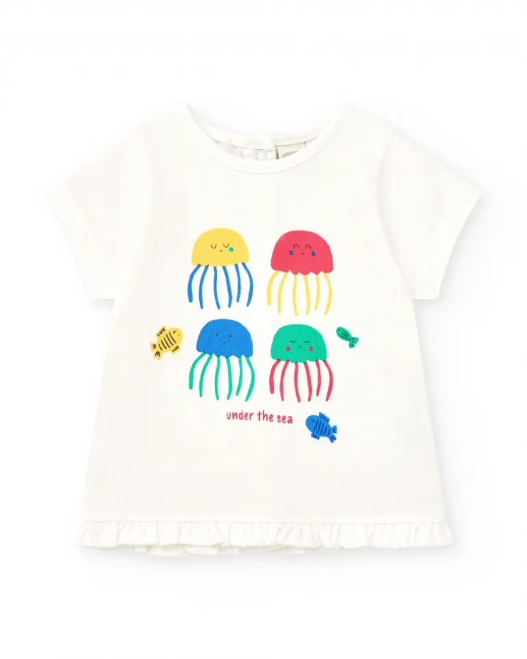 Ensemble pour fille avec t-shirt de méduses, leggings rouges et veste brodée