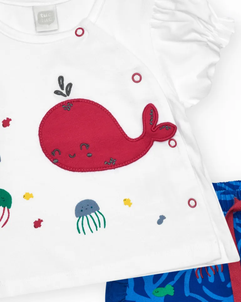 Ensemble pour fille avec t-shirt blanc de baleine et pantalon bleu marine