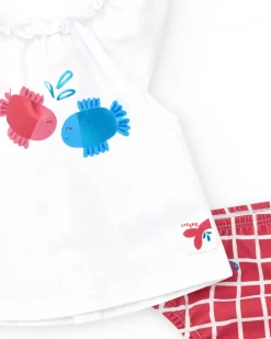 Ensemble pour fille avec blouse blanche à poissons et culotte rouge à carreaux