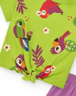 Ensemble pour fille avec t-shirt vert perroquets et short lilas