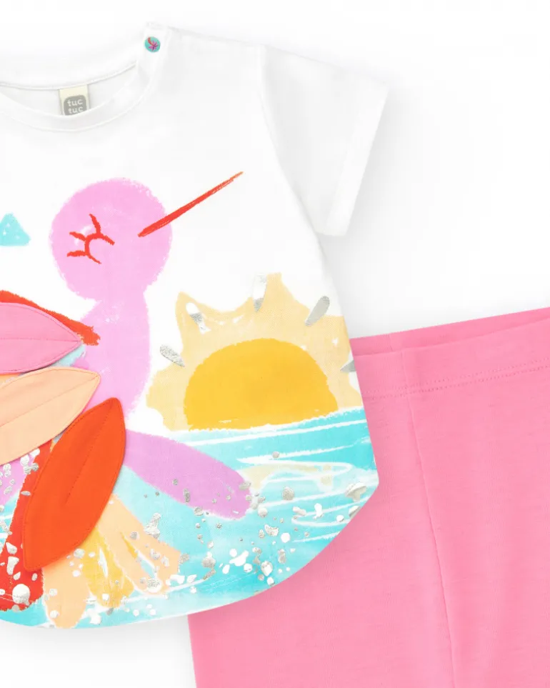 Ensemble pour fille avec t-shirt blanc de colibri et leggings cyclistes roses