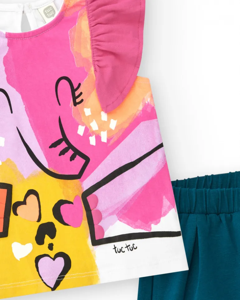 Ensemble pour fille avec t-shirt éléphant et short bleu