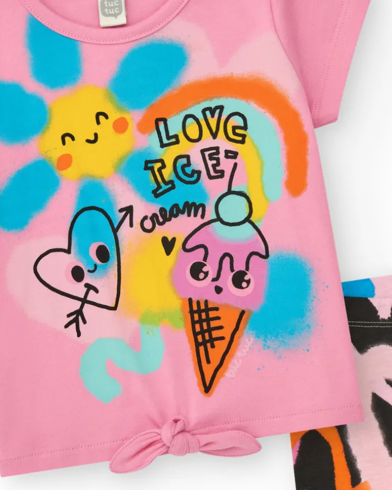 Ensemble pour fille avec t-shirt rose de glace et leggings courts multicolores