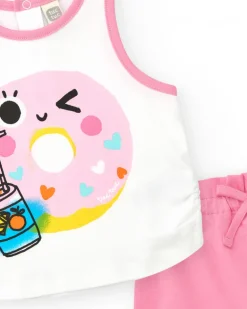 Ensemble pour fille avec t-shirt blanc et short rose avec nœud