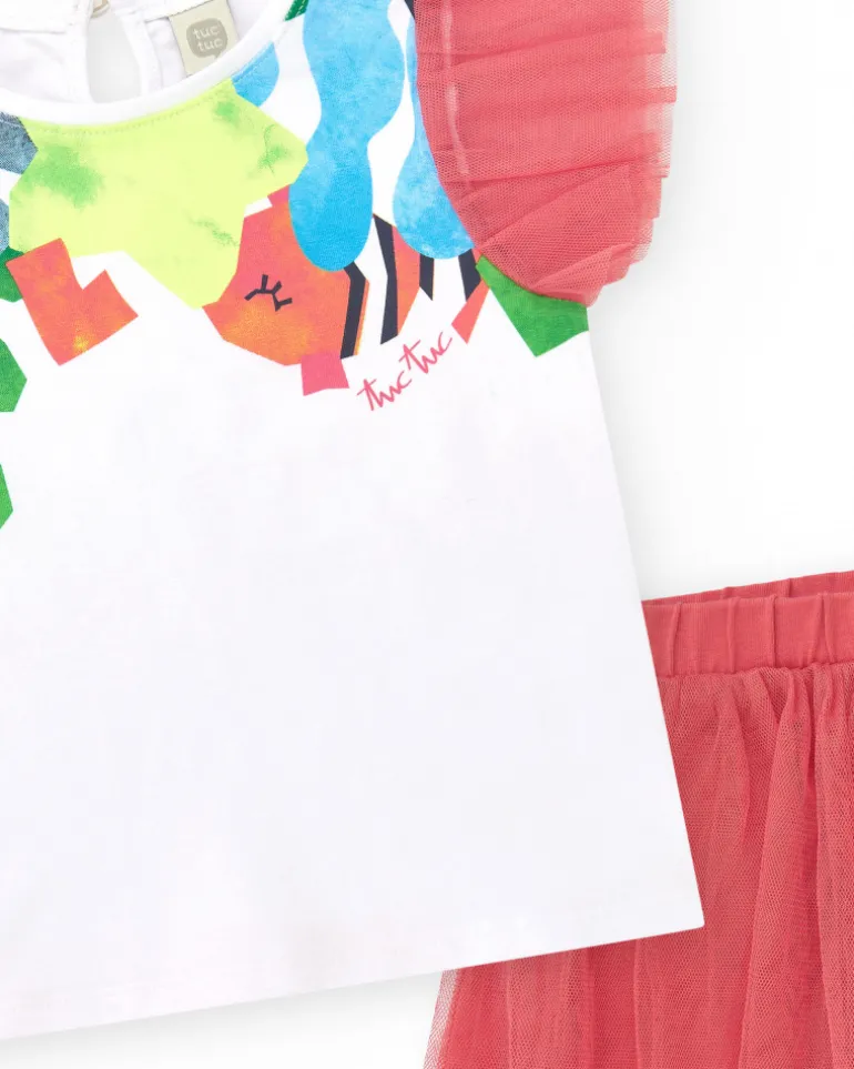 Ensemble pour fille avec t-shirt blanc à manches en tulle et legging rose avec jupe en tulle