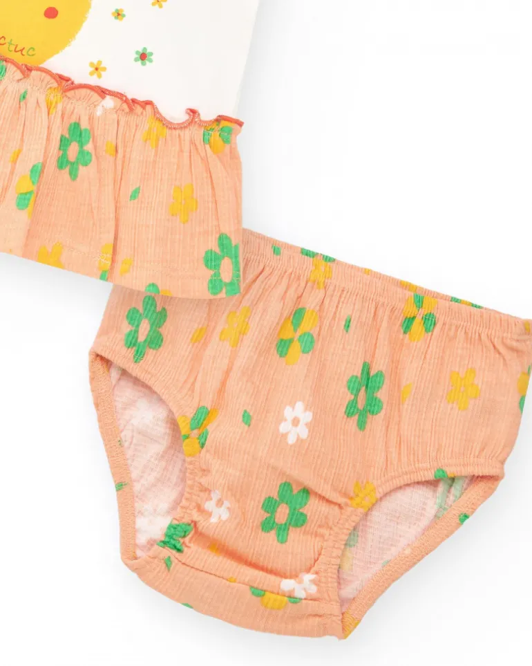 Ensemble pour fille avec blouse saumon et culotte jaune avec broderies