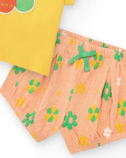 Ensemble pour fille avec t-shirt jaune et pantalon court rose à fleurs
