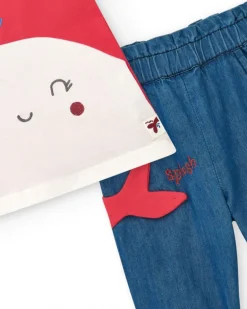Ensemble pour fille avec t-shirt rouge de baleine et pantalon en denim avec broderie