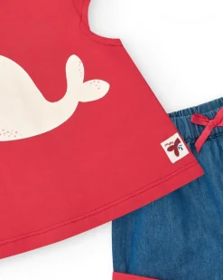 Ensemble pour fille avec t-shirt rouge de baleine et pantalon en jean bleu