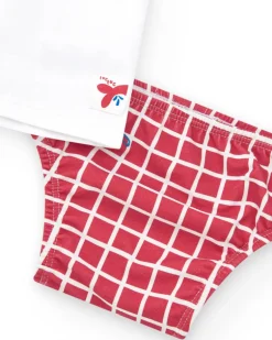 Ensemble pour fille avec blouse blanche à poissons et culotte rouge à carreaux