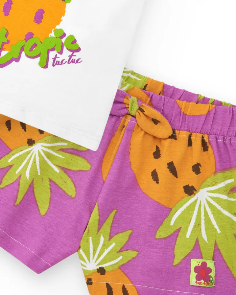 Ensemble pour fille avec t-shirt blanc d'ananas et short violet fruité