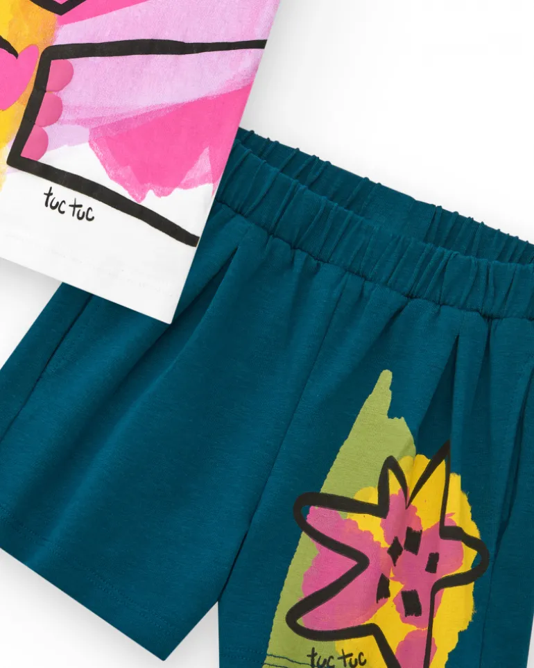Ensemble pour fille avec t-shirt éléphant et short bleu