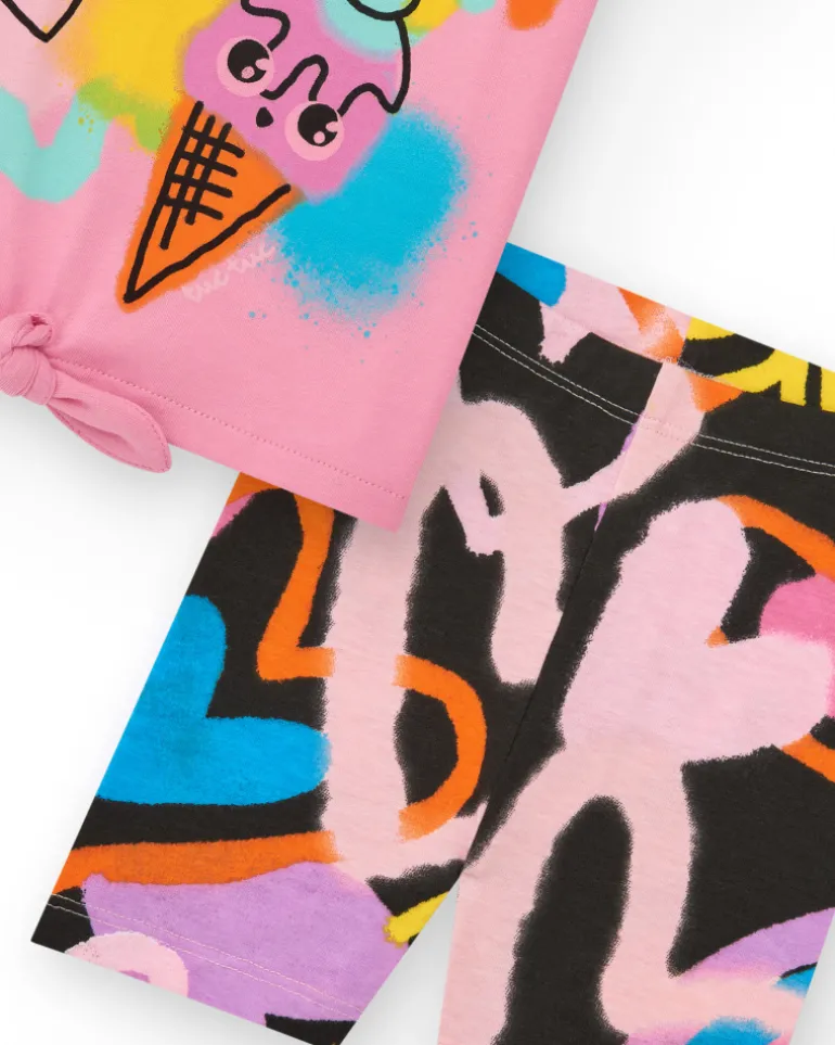Ensemble pour fille avec t-shirt rose de glace et leggings courts multicolores