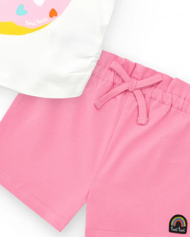 Ensemble pour fille avec t-shirt blanc et short rose avec nœud