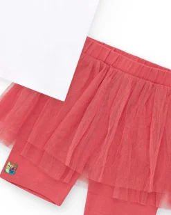Ensemble pour fille avec t-shirt blanc à manches en tulle et legging rose avec jupe en tulle