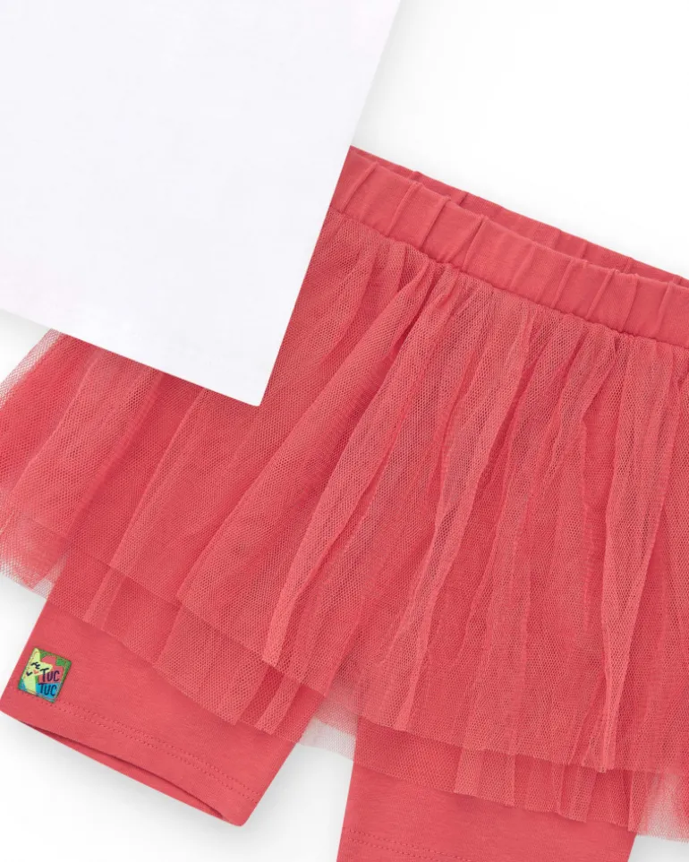 Ensemble pour fille avec t-shirt blanc à manches en tulle et legging rose avec jupe en tulle