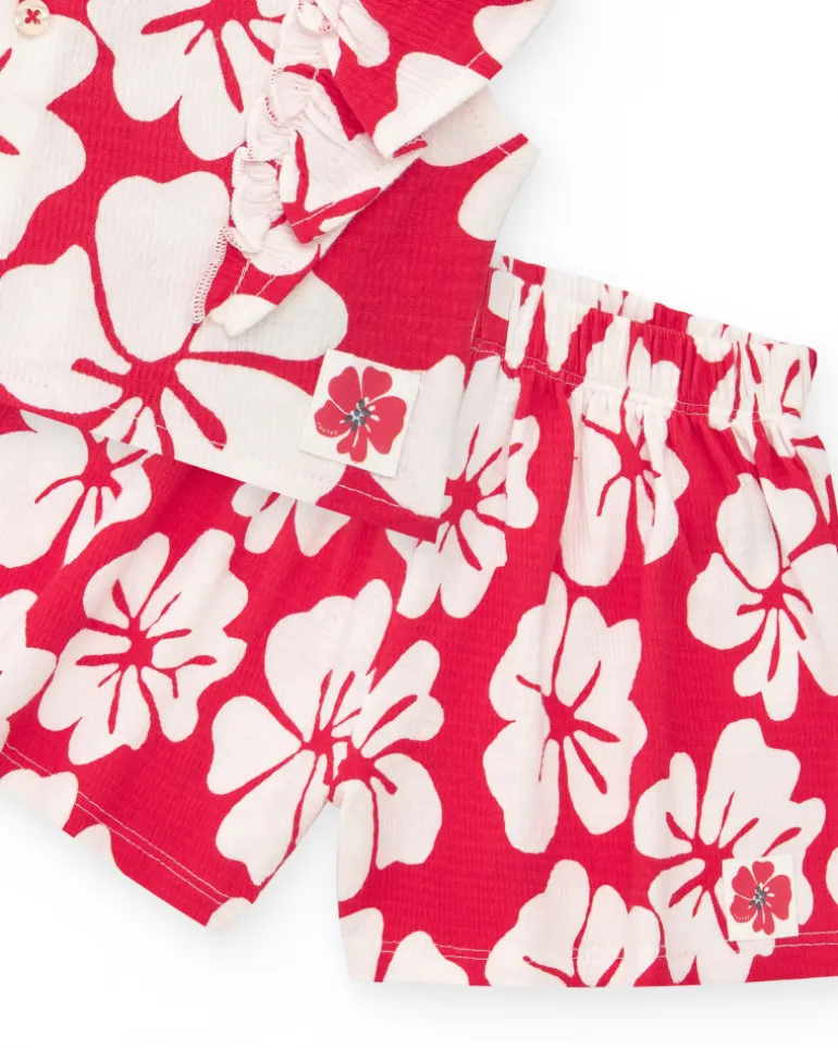 Ensemble pour fille avec t-shirt à volants et short fleuri rouge et blanc