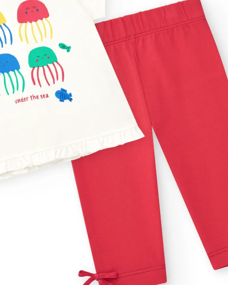 Ensemble pour fille avec t-shirt de méduses, leggings rouges et veste brodée