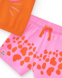 Ensemble pour fille avec t-shirt orange d’animal et short rose tacheté