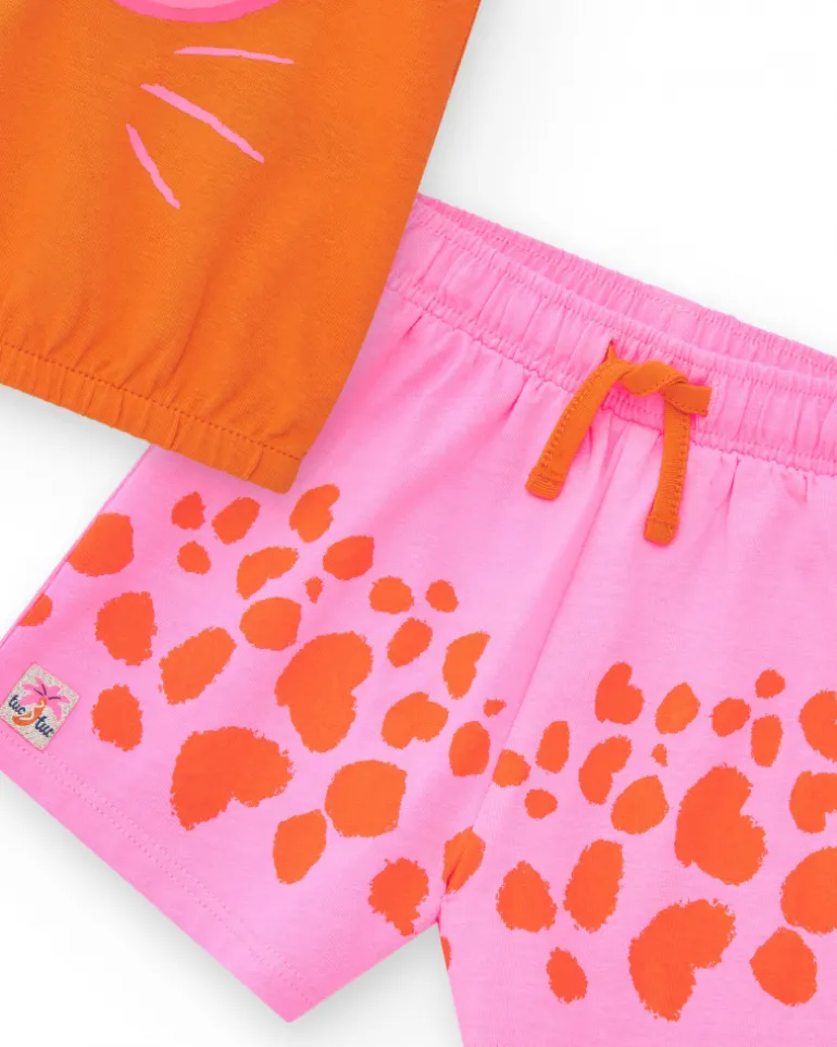 Ensemble pour fille avec t-shirt orange d’animal et short rose tacheté