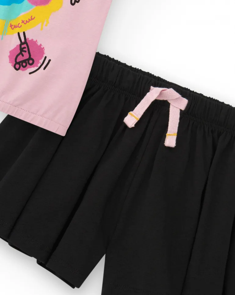 Ensemble pour fille avec blouse rose et short noir plissé