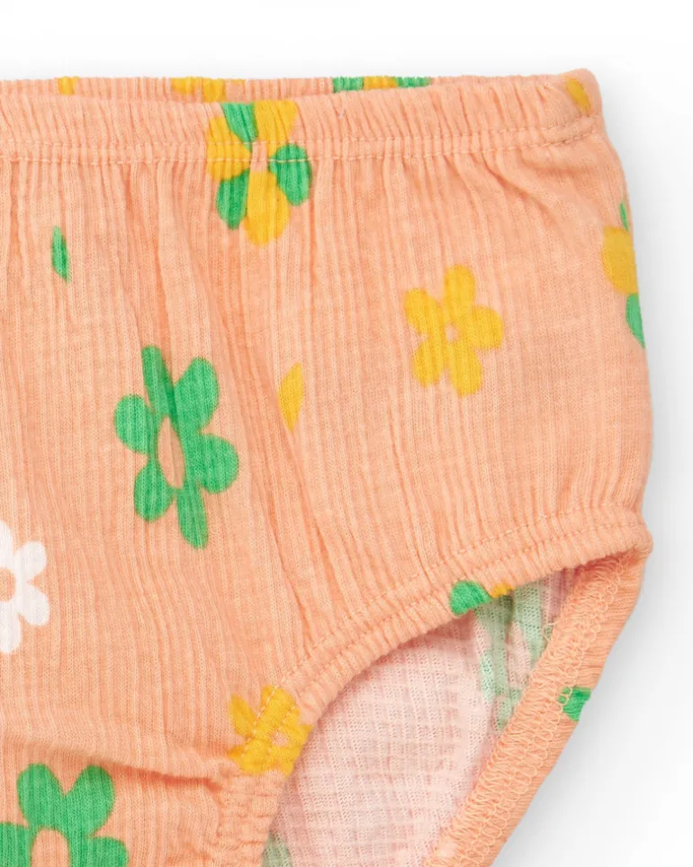 Ensemble pour fille avec blouse saumon et culotte jaune avec broderies