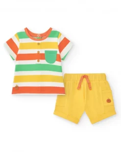 Ensemble pour garçon avec t-shirt rayé et pantalon court jaune avec poches