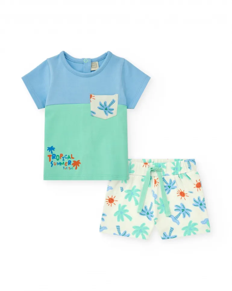 Ensemble pour garçon avec t-shirt bleu et vert et shorts blancs imprimés de palmiers et soleils