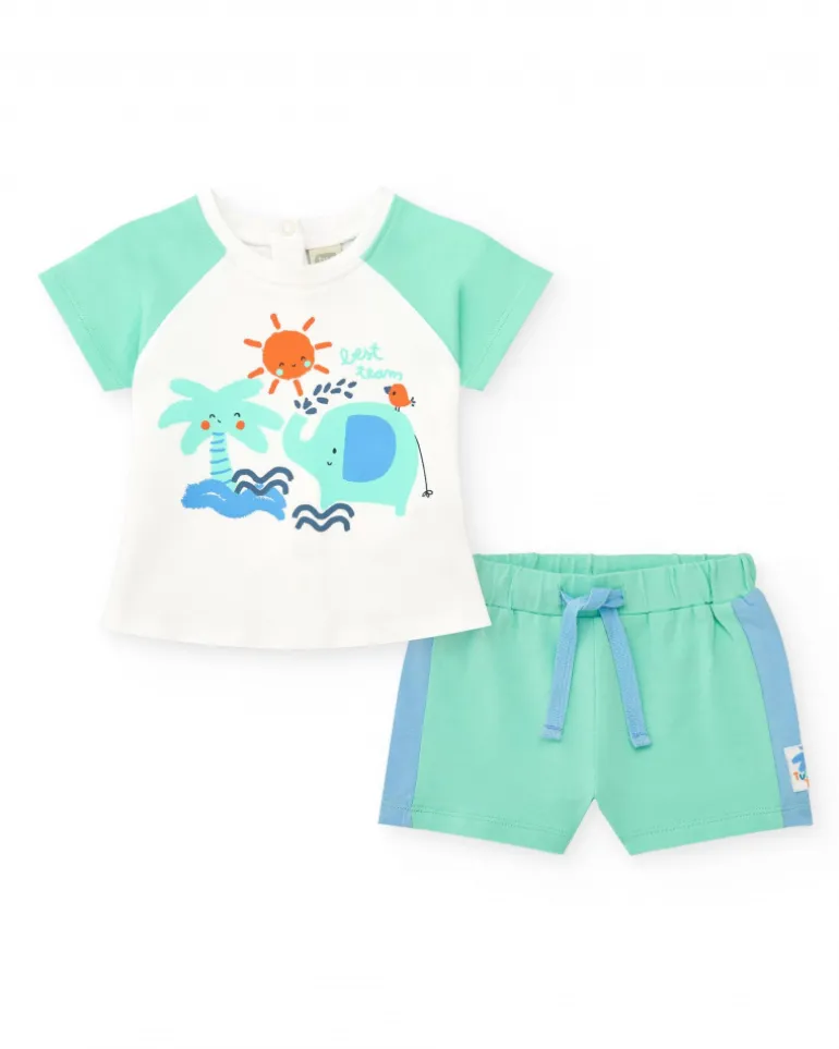 Ensemble pour garçon avec t-shirt blanc à imprimé tropical et shorts verts avec détails bleus