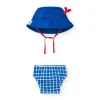 Ensemble pour garçon avec bonnet bleu brodé et culotte à carreaux blancs