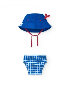Ensemble pour garçon avec bonnet bleu brodé et culotte à carreaux blancs