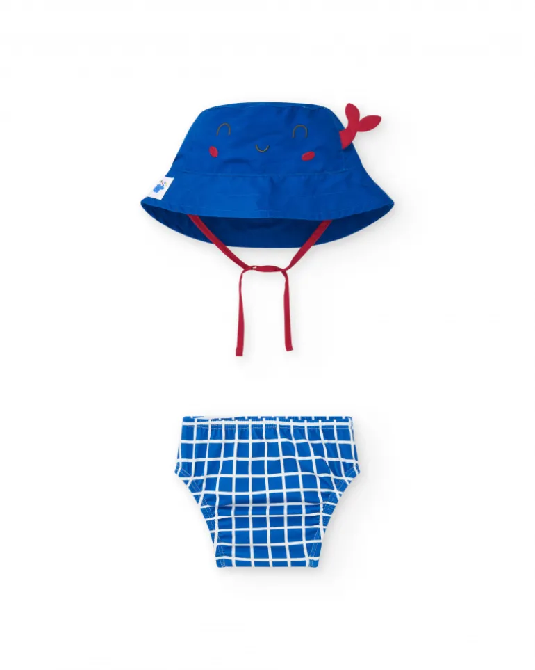 Ensemble pour garçon avec bonnet bleu brodé et culotte à carreaux blancs