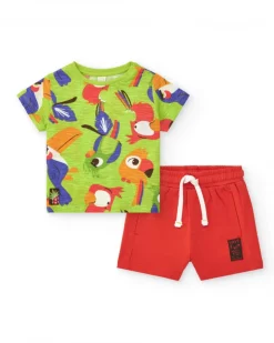 Ensemble pour garçon avec t-shirt perroquets et bermuda rouge