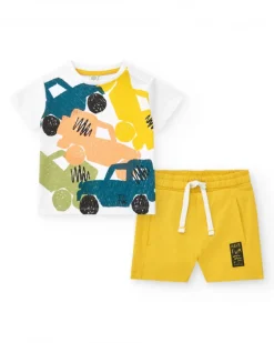 Ensemble pour garçon avec t-shirt de voitures et bermuda jaune