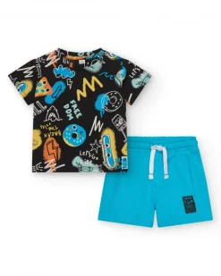 Ensemble pour garçon avec t-shirt noir et short turquoise
