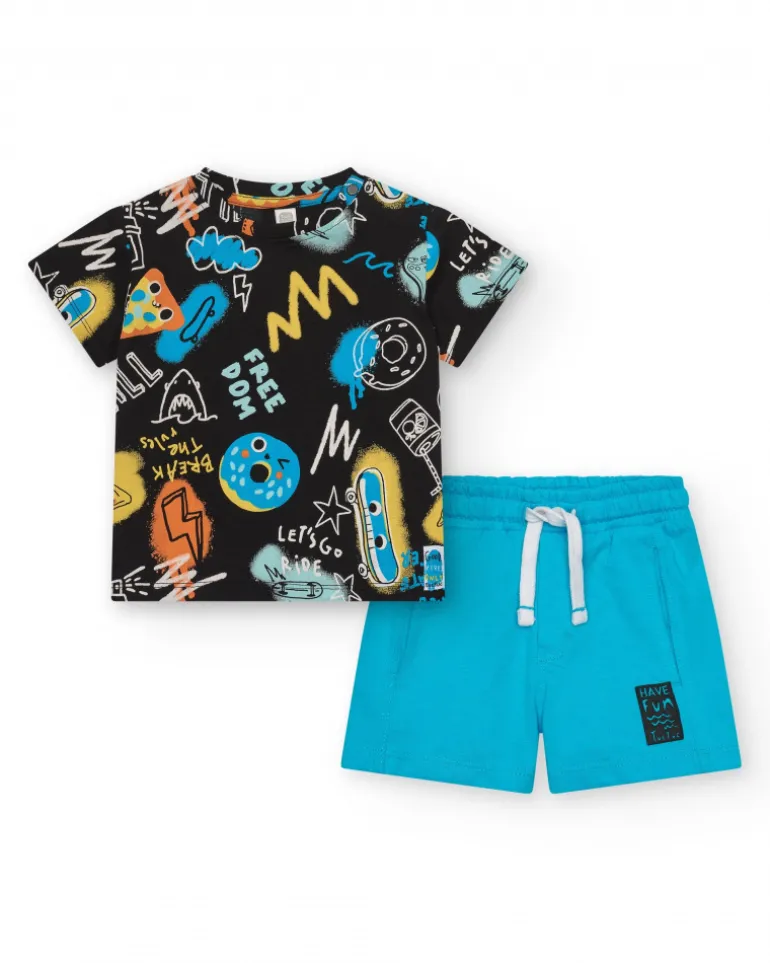 Ensemble pour garçon avec t-shirt noir et short turquoise