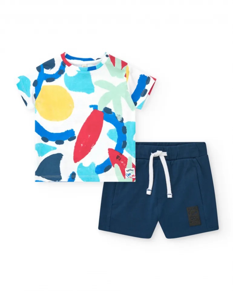 Ensemble pour garçon avec t-shirt imprimé et bermuda bleue ajustable