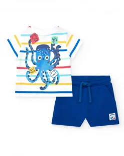 Ensemble pour garçon avec t-shirt rayé et bermuda bleue ajustable