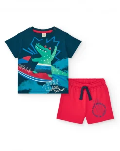 Ensemble pour garçon avec t-shirt bleu et bermuda rouge avec planches de surf